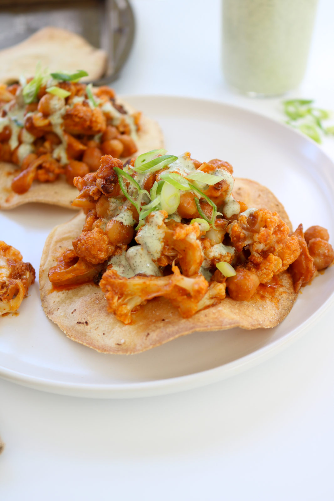 Buffalo Roasted Cauliflower & Chickpea Tostadas with easy blender ranch